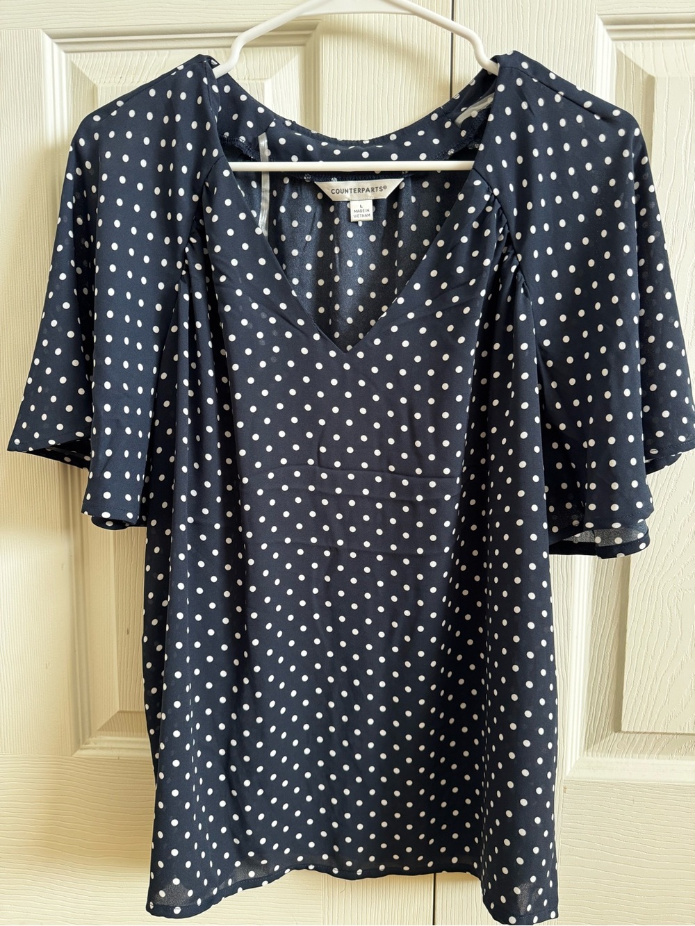 Counterparts Navy and White Polka Dot V-Neck Blouse